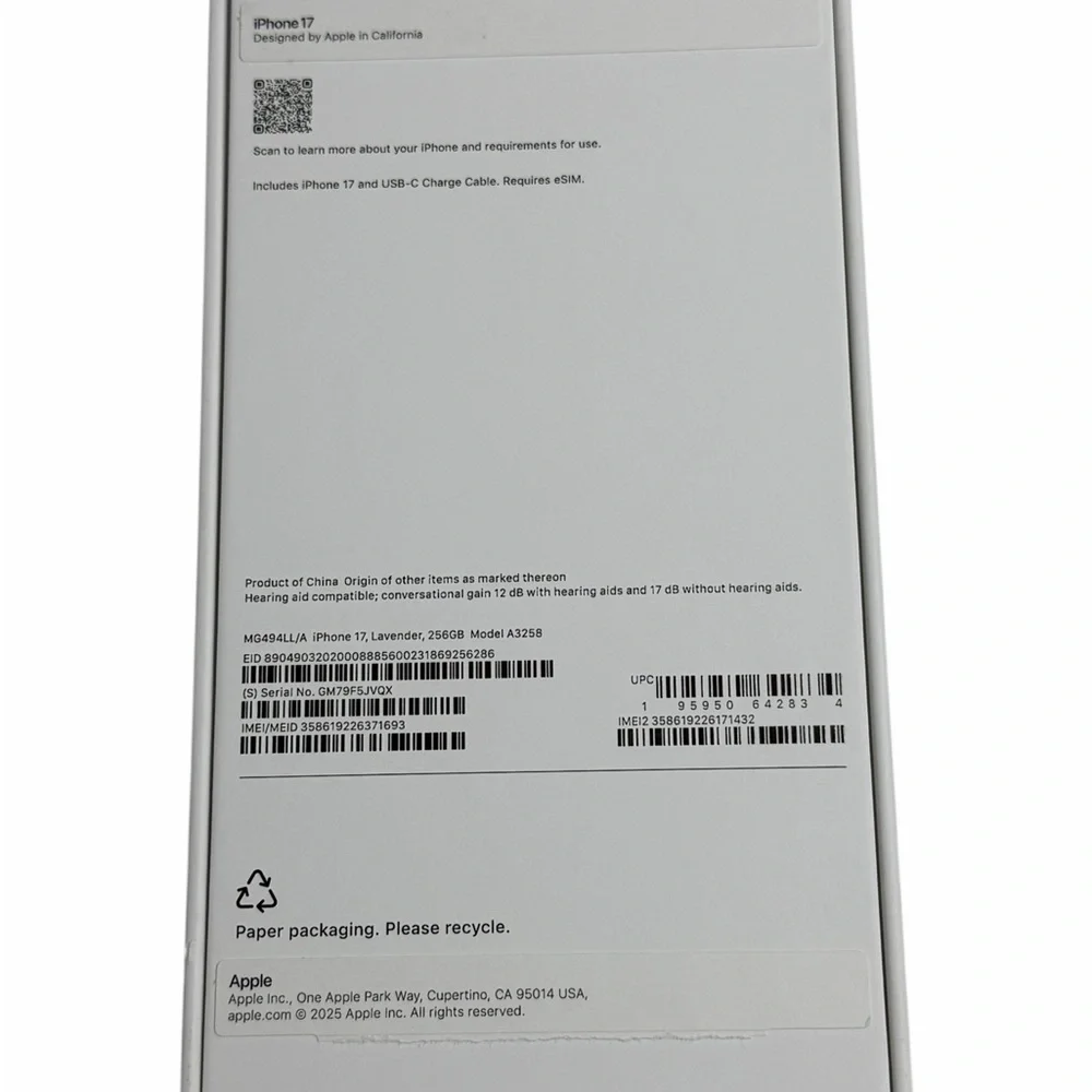Apple iPhone 17 in Lavender with 256GB EMPTY BOX